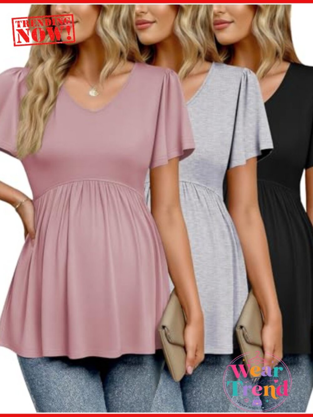 Maternity Shirts 3 Pack V-Neck Ruched Short Sleeve Pregnancy Tops